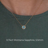 Dainty 14k Yellow Gold Montana Sapphire and Diamond Halo Necklaces