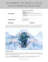 3.94ct Oval Unheated Deep Teal Blue Australian Sapphire Double Claw Prong Low Profile Milgrain and Diamond Ring in Platinum