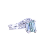 3.84ct Emerald Cut Unheated Light Aqua Blue Montana Sapphire Double Claw Prong Low Profile Milgrain and Diamond Vintage Cathedral Wedding Set in Platinum