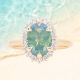 2.05ct Untreated Oval Opalescent Seafoam Green Nigerian Sapphire Antique-Style Diamond Halo Ring in 14k Yellow Gold