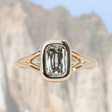 1.36ct Unique Cushion Cut Grey Champagne Diamond Split Shank Bezel Set Ring in 14k Yellow Gold