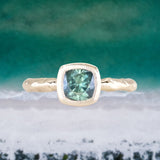 1.13ct Cushion Cut Rock Creek Montana Sapphire Low Profile Bezel Ring with Evergreen Texture and Milgrain in 14k Yellow Gold