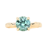 2.06ct Round Untreated Teal Montana Sapphire Hidden Halo Low Profile Evergreen Carved Four Prong Solitaire in 14k Yellow Gold