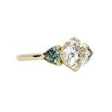 1.64ct Vintage Transitional Cut Diamond and Trillion Australian Sapphire Antique Style Compass Set Low Profile Ring with Scallop Details in 18k Yellow Gold