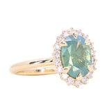 2.05ct Untreated Oval Opalescent Seafoam Green Nigerian Sapphire Antique-Style Diamond Halo Ring in 14k Yellow Gold