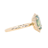 2.05ct Untreated Oval Opalescent Seafoam Green Nigerian Sapphire Antique-Style Diamond Halo Ring in 14k Yellow Gold
