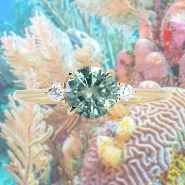 1.36ct Untreated Seafoam Round Montana Sapphire and Diamond Dainty Three Stone Ring in 18k Yellow Gold
