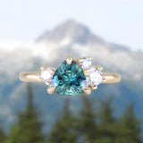 1.73ct Trillion Teal Blue Untreated Montana Sapphire and Natural Diamond Mountainscape Ring in 14k Yellow Gold