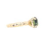 3.13ct Untreated Parti Green Oval Madagascar Sapphire Evergreen 4 Prong Carved Stackable Solitaire in 14k Yellow Gold