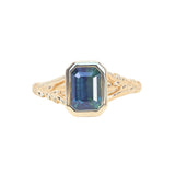 2.15ct Emerald Cut Madagascar Sapphire Wandering Vine Low Profile Bezel Split Shank Ring in 14k Yellow Gold