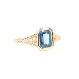 2.15ct Emerald Cut Madagascar Sapphire Wandering Vine Low Profile Bezel Split Shank Ring in 14k Yellow Gold