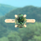 3.13ct Untreated Parti Green Oval Madagascar Sapphire Evergreen 4 Prong Carved Stackable Solitaire in 14k Yellow Gold