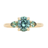1.51ct Oval Teal Blue Precision Cut Montana Sapphire and Pear Sapphire Low Profile Three Stone Ring in 14k Yellow Gold