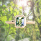 1.37ct Parti Green Radiant Cut Sapphire Low Profile Bezel Ring with Milgrain in 14k Yellow Gold