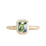1.37ct Parti Green Radiant Cut Sapphire Low Profile Bezel Ring with Milgrain in 14k Yellow Gold