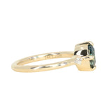 1.23ct Untreated Opalescent Nigerian Teal Speciality Fantasy Cut Sapphire and Kite Diamond Three Stone Compass Set Low Profile Ring in 14k Yellow Gold