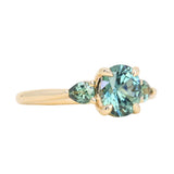 1.51ct Oval Teal Blue Precision Cut Montana Sapphire and Pear Sapphire Low Profile Three Stone Ring in 14k Yellow Gold