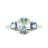 1.74ct Unheated Oval Montana Sapphire and Madagascar Sapphire Low Profile Three Stone Ring in 18k Yellow Gold