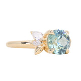 2.38ct Untreated Sky Blue Montana Sapphire in Wandering Vine Low Profile Four Prong Setting with Natural Diamonds in 14k Yellow Gold- Appraised Stone