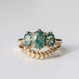 1.53ct Untreated Australian Oval Sapphire and Parti Oval Three Stone Low Profile Six Prong Ring in 14k Yellow Gold