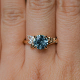 2.38ct Untreated Sky Blue Montana Sapphire in Wandering Vine Low Profile Four Prong Setting with Natural Diamonds in 14k Yellow Gold- Appraised Stone