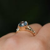 2.38ct Untreated Sky Blue Montana Sapphire in Wandering Vine Low Profile Four Prong Setting with Natural Diamonds in 14k Yellow Gold- Appraised Stone