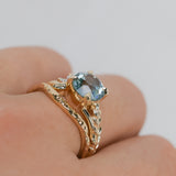 2.38ct Untreated Sky Blue Montana Sapphire in Wandering Vine Low Profile Four Prong Setting with Natural Diamonds in 14k Yellow Gold- Appraised Stone