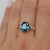 4.42ct Oval Blue Madagascar Sapphire in Wandering Vine Low Profile 4 Prong Setting with Diamonds in 14k Yellow Gold
