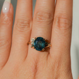4.42ct Oval Blue Madagascar Sapphire in Wandering Vine Low Profile 4 Prong Setting with Diamonds in 14k Yellow Gold