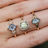 1.93ct Untreated Fantasy Cut Montana Sapphire and Diamond Antique Milgrain Three Stone Low Profile Ring in 14k Yellow Gold