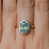 2.05ct Untreated Oval Opalescent Seafoam Green Nigerian Sapphire Antique-Style Diamond Halo Ring in 14k Yellow Gold