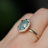 2.05ct Untreated Oval Opalescent Seafoam Green Nigerian Sapphire Antique-Style Diamond Halo Ring in 14k Yellow Gold