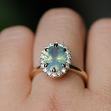 2.05ct Untreated Oval Opalescent Seafoam Green Nigerian Sapphire Antique-Style Diamond Halo Ring in 14k Yellow Gold