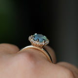 2.05ct Untreated Oval Opalescent Seafoam Green Nigerian Sapphire Antique-Style Diamond Halo Ring in 14k Yellow Gold