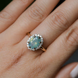 2.05ct Untreated Oval Opalescent Seafoam Green Nigerian Sapphire Antique-Style Diamond Halo Ring in 14k Yellow Gold