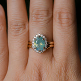 2.05ct Untreated Oval Opalescent Seafoam Green Nigerian Sapphire Antique-Style Diamond Halo Ring in 14k Yellow Gold