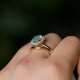 2.05ct Untreated Oval Opalescent Seafoam Green Nigerian Sapphire Antique-Style Diamond Halo Ring in 14k Yellow Gold