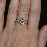 1.93ct Untreated Fantasy Cut Montana Sapphire and Diamond Antique Milgrain Three Stone Low Profile Ring in 14k Yellow Gold