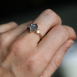 1.93ct Untreated Fantasy Cut Montana Sapphire and Diamond Antique Milgrain Three Stone Low Profile Ring in 14k Yellow Gold