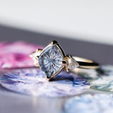 1.93ct Untreated Fantasy Cut Montana Sapphire and Diamond Antique Milgrain Three Stone Low Profile Ring in 14k Yellow Gold