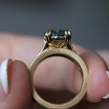 4.25ct Antique Style Elongated Cushion Untreated Montana Sapphire Vine Cathedral Four Prong Ring in 18k Yellow Gold