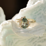 2.35ct Teal Blue Grey Untreated Pear Montana Sapphire and Diamond Asymmetrical Cluster Ring in 18k Yellow Gold