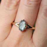 1.75ct Barion Shape Fantasy Cut Carved Montana Sapphire Split Shank Hidden Halo Six Prong Solitaire in 14k Yellow Gold