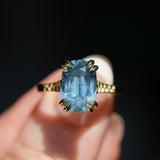 4.25ct Antique Style Elongated Cushion Untreated Montana Sapphire Vine Cathedral Four Prong Ring in 18k Yellow Gold