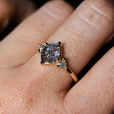 1.93ct Untreated Fantasy Cut Montana Sapphire and Diamond Antique Milgrain Three Stone Low Profile Ring in 14k Yellow Gold