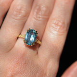4.25ct Antique Style Elongated Cushion Untreated Montana Sapphire Vine Cathedral Four Prong Ring in 18k Yellow Gold