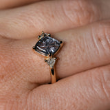 1.93ct Untreated Fantasy Cut Montana Sapphire and Diamond Antique Milgrain Three Stone Low Profile Ring in 14k Yellow Gold