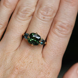 4.08ct Cushion Cut Green Madagascar Sapphire and Trillion Australian Sapphire Antique Compass Set Low Profile Ring in 14k Yellow Gold