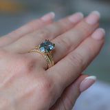4.25ct Antique Style Elongated Cushion Untreated Montana Sapphire Vine Cathedral Four Prong Ring in 18k Yellow Gold