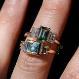 1.52ct Emerald Cut Parti Sapphire and Lab Grown Diamond Three Stone Low Profile Ring in 14k Yellow Gold